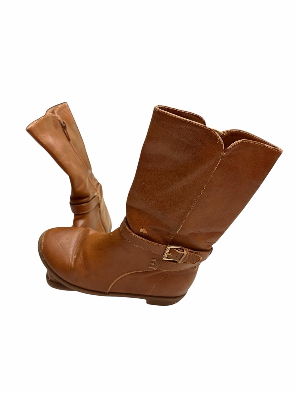 Kids Brown Mid-Calf Leather Boots with Buckle Detail